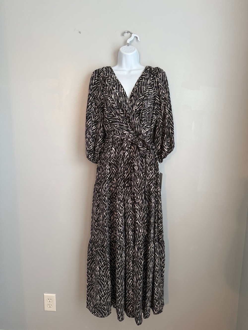 DKNY Black & White Printed Wrap Maxi Dress
